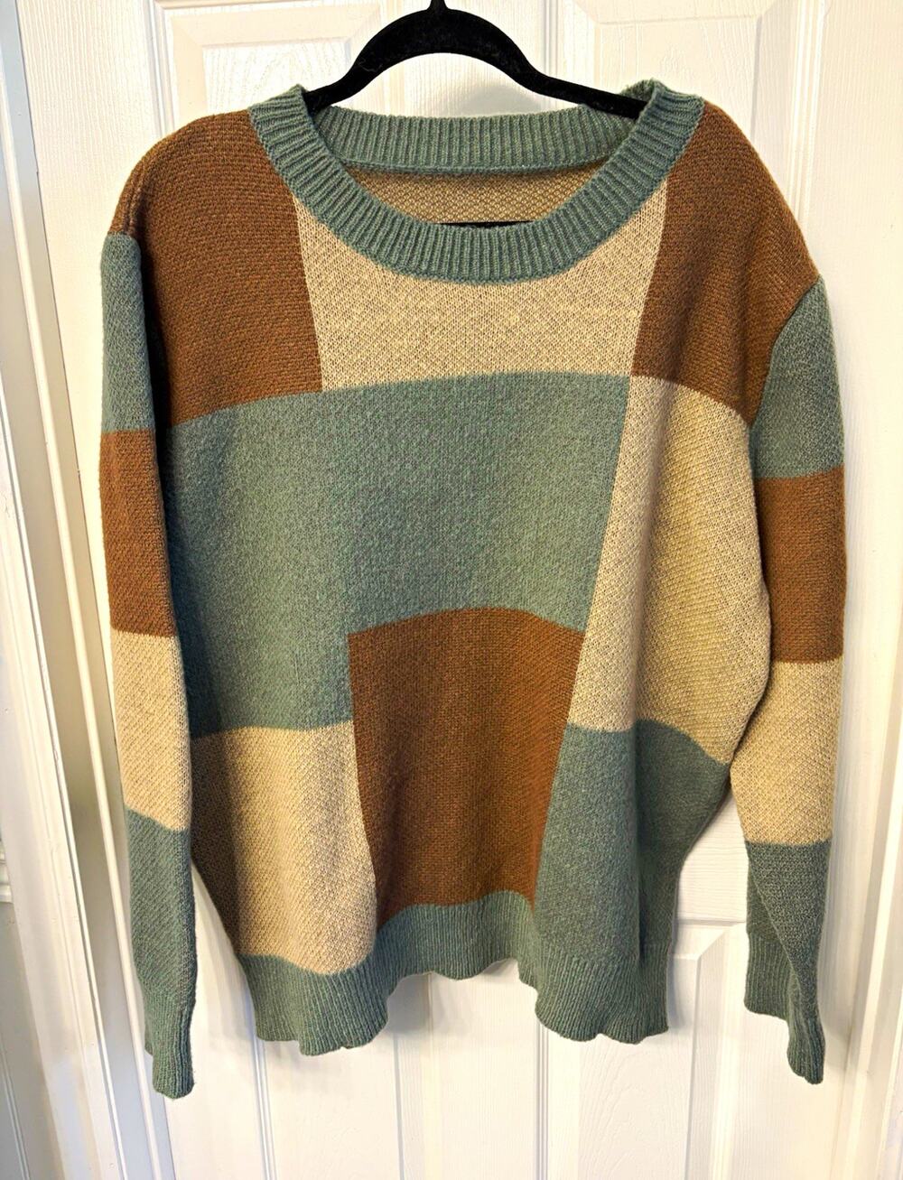 Colorblock Knit Crew Neck Pullover Sweater Long Sleeve Green Brown Beige 3XL